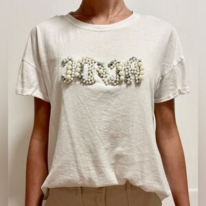 Basic white tee with ivory and silver pearls.